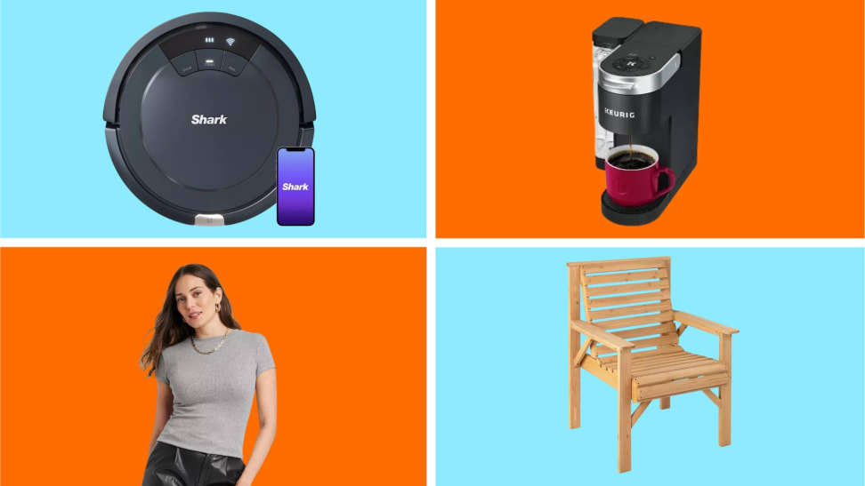 A collection of discounted items from Target in front of colored backgrounds.