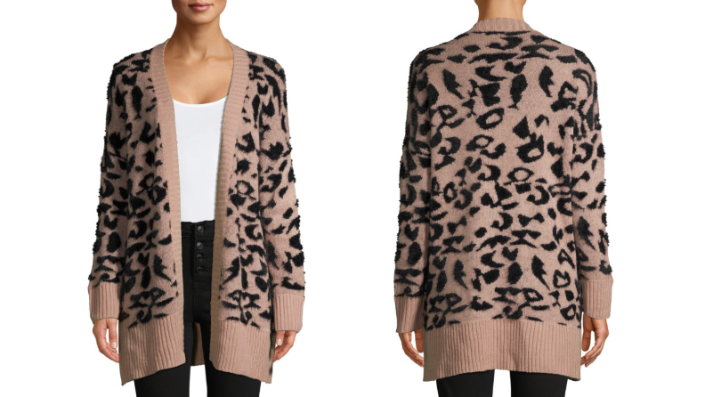 A front and back view on the same leopard print cardigan.