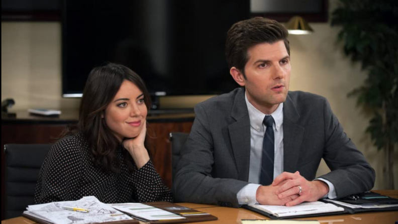 A still from Parks & Rec featuring April Ludgate and Ben Wyatt.