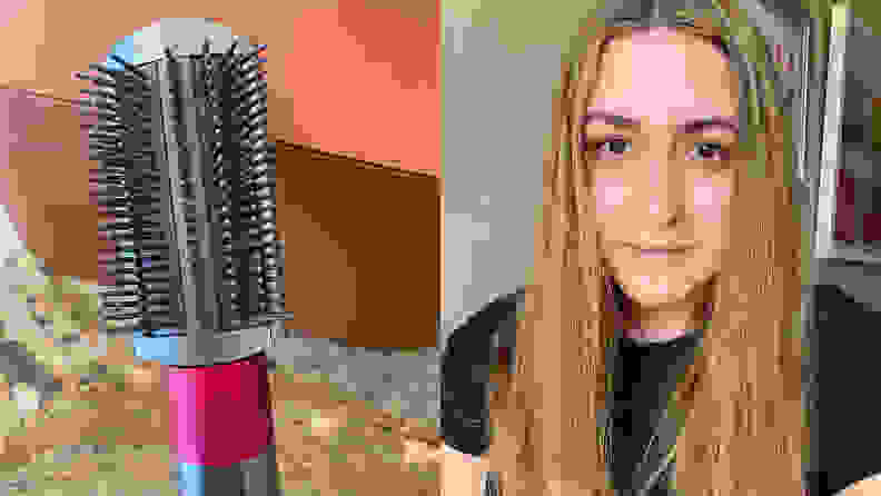 On the left: The Dyson Airwrap Styler's smoothing brush with the tool's case in the background. On the right: The author with straight hair after using the smoothing brush.