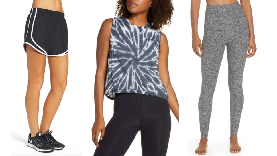 Left: Nike Shorts; Middle: Free People Tie-Dye Tank; Right: Beyond Yoga Leggings
