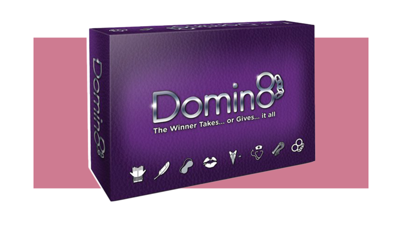 Domin8 game box on a pink background.