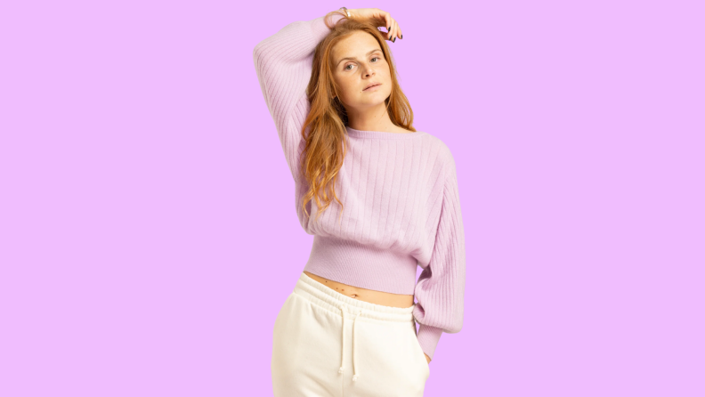 A model wearing a pink Crush Cashmere sweater