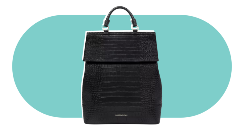 A black backpack with crocodile embossed leather.
