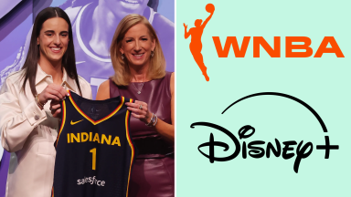 A collage with the WNBA and Disney+ logos next to Caitlin Clark and the WNBA comissioner.