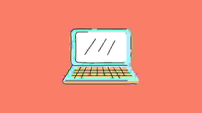 An illustrated laptop on a pink background