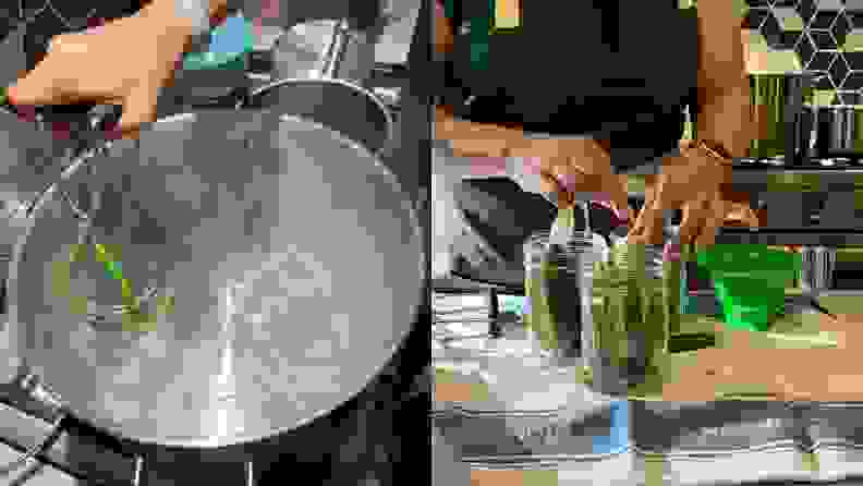 Left: Hand using canning tool to remove jar from boiling wter. Right: Person adding ingredient to jar of pickled cucumbers
