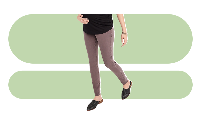 Product shot of of pregnant person wearing the mjeans by maurices Over the Bump Colored Maternity Jegging.