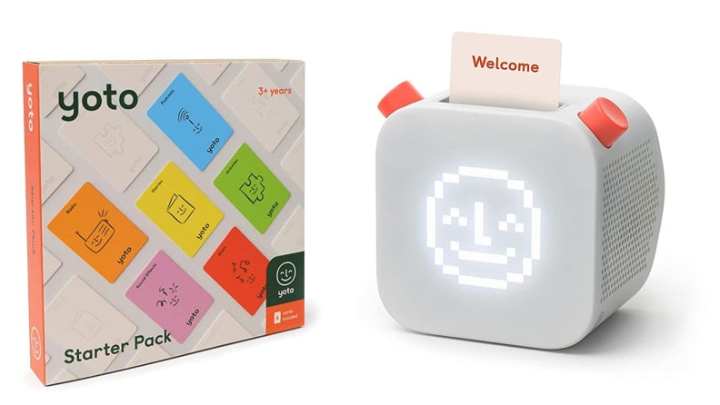 Mini children's audio speaker with card sticking out next to packaging.