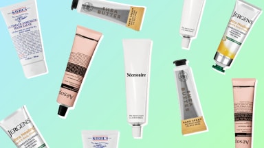 Five hand cream tubes in a collage against a blue and green background.