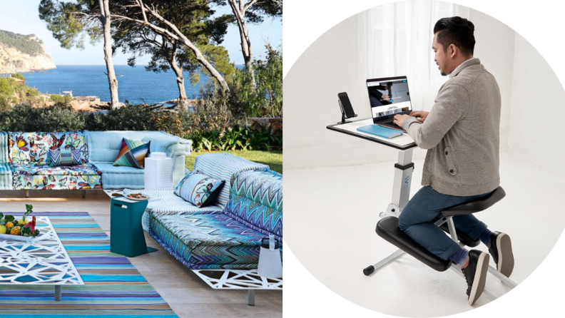 On left, spacious outdoor furniture setting with pedestal from Roche Bobois. On right, man sitting in front of laptop using the Edgedesk.