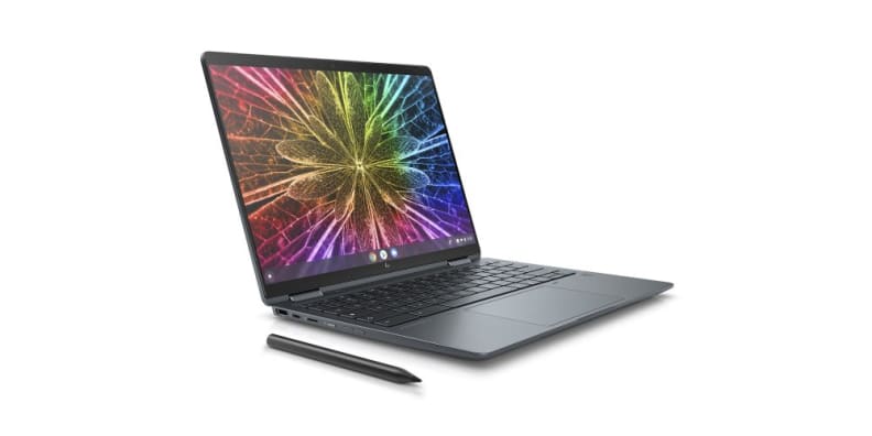 A three-quarter view of an open laptop