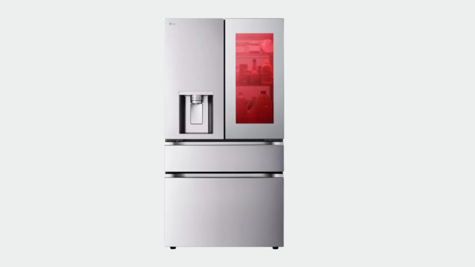 An LG 4-door French door refrigerator with a red screen
