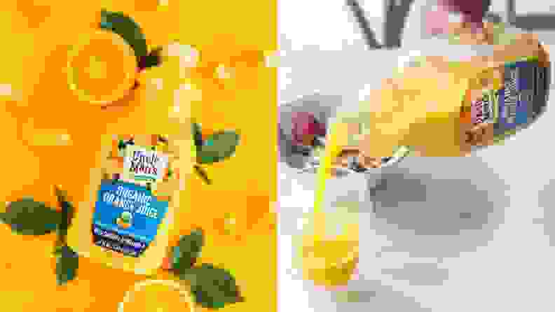 Left: A bottle of Uncle Matt's orange juice is poured into a stout juice glass. Right: A top-down photo of Uncle Matt's orange juice on top of a repeating pattern of orange slices.