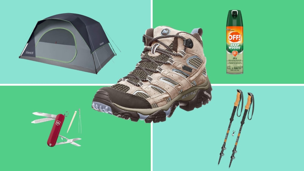 A collage of different hiking gear, including boots, sticks, bug repellant, a tent and a Swiss army knife.