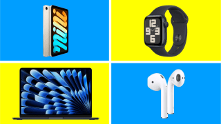 A collage of Apple products in front of colored backgrounds