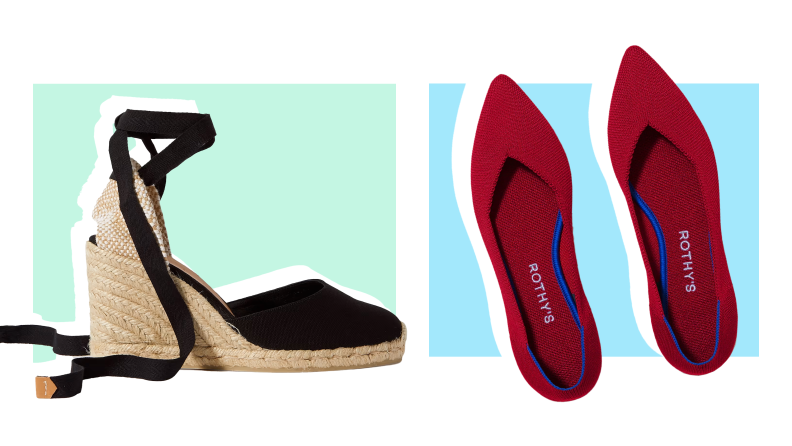 On left, black and tan espadrille wedge heels. On right, red pointed-toe flat shoes
