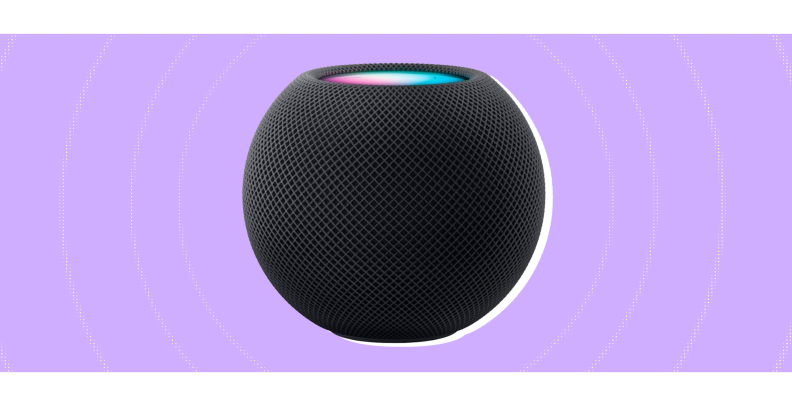 The Apple HomePod Mini on a purple background.