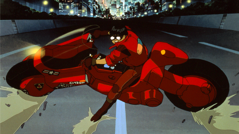 In an iconic frame from 1988’s Akira, Kaneda skids to a stop on his futuristic motorcycle.