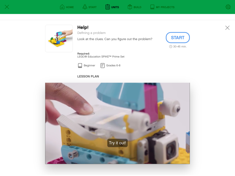 Each LEGO SPIKE challenge comes with an estimated time duration, some key summary phrases, and a video that gives kids an idea of what to expect in that specific lesson plan.