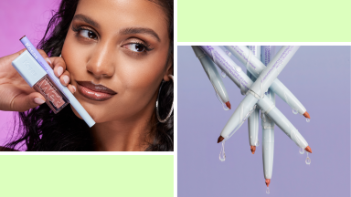On the left: A person holds up a lip liner and lip gloss close to her mouth and looks off into the distance. On the right: A grouping of lip liners splay out from the top of the photo and drip water.