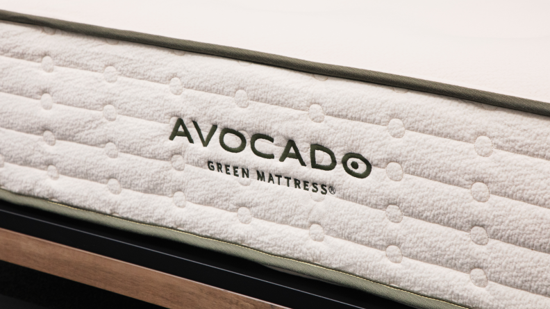 A close up of the Avocado branding on the side of the Green Mattress.