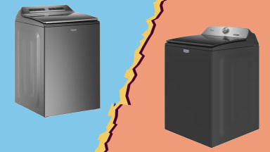 Whirlpool WTW8127LC  and Maytag Pet Pro MVW6500MBK washing machines side by side on a torn paper background