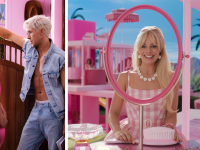 Film stills from ‘Barbie:’ On the left are Margot Robbie and Ryan Gosling as Barbie and Ken, on the right is Margot Robbie seated at a vanity.