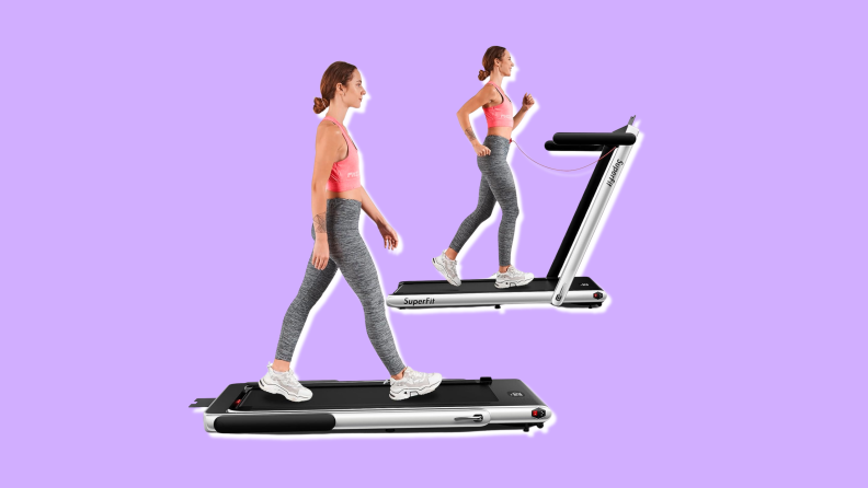 A woman walking on a GoPlus Folding Treadmill in the folded position and running on the treadmill in the unfolded position.