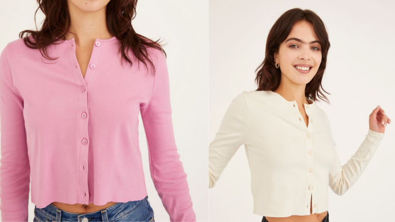 Two images of a cardigan, the first image of the cardigan in pink fully buttoned up, the second of a woman wearing the cardigan in cream.