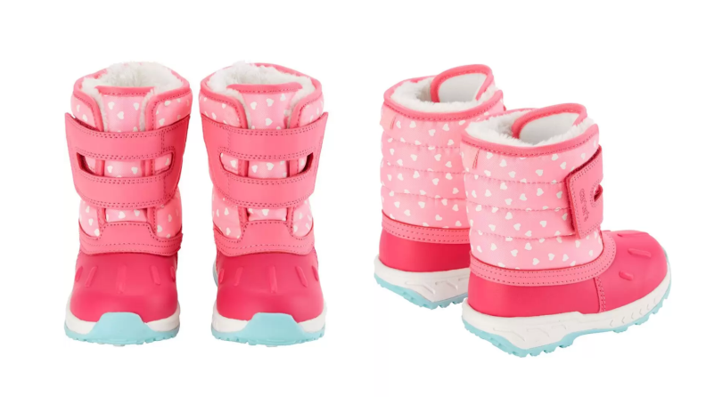 Two images of the same pair of bright pink snow boots in a pink and white heart print.