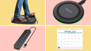 A colorful collage with chargers, a calendar, and a standing desk mat.