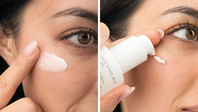 A woman putting Milk Made Skin products on her face.