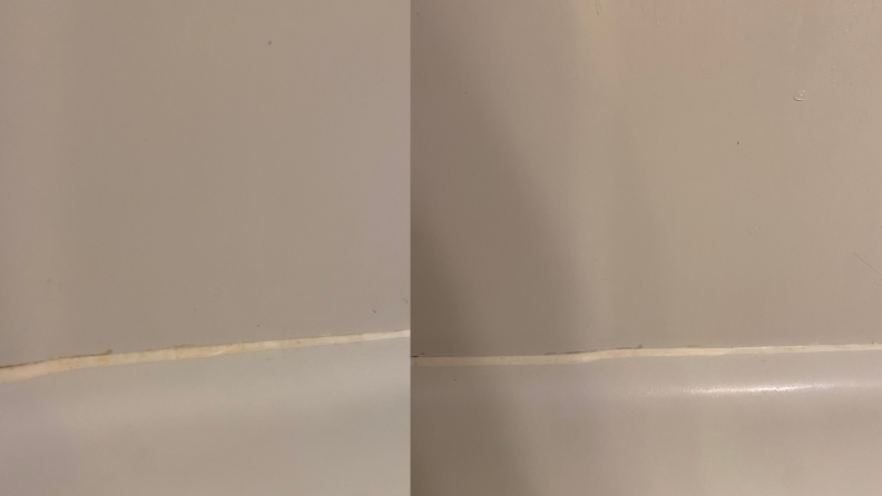 A side by side image of dirty grout and clean grout