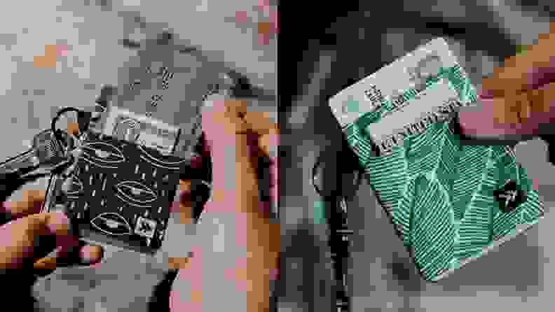 Two images of someone holding a thread wallet.