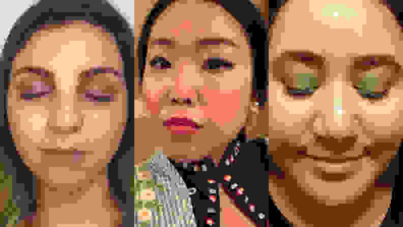 Three women whose Haus Labs makeup wore off to varying degrees throughout the day