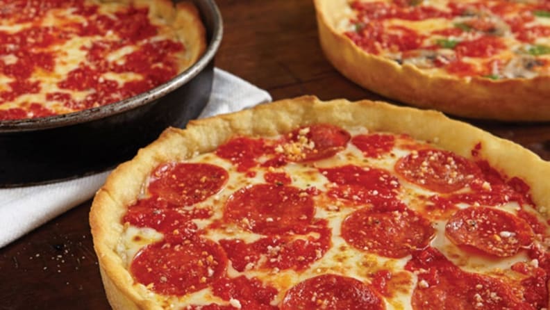Chicago-style deep dish pizza with cheese and pepperoni.