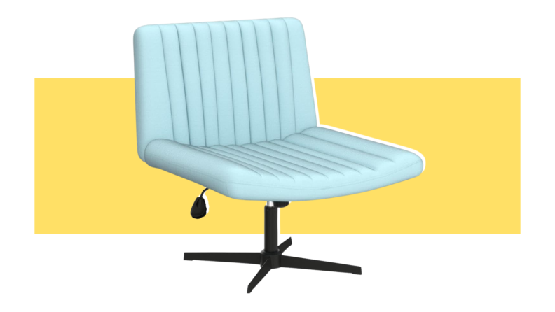 A blue, wheelless Lemberi Fabric Padded Desk Chair in front of a yellow background.