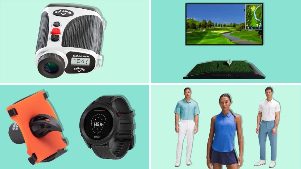 From left to right, top to bottom: A Callaway EZ Laser Rangefinder on light green background, OptiShot 2 Golf Simulator for Home on a teal background, a Krack'in 2.0 and Garmin Approach S12 golf GPS golf watch on a teal background, and two men and a woman wearing lululemon activewear on light green background.