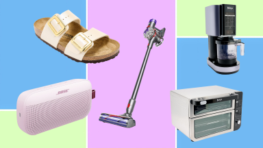 A collage of popular products including Birkenstock sandals, a Dyson vacuum, a Ninja coffee maker, a Ninja toaster oven, and a pink Bose speaker on colorful backgrounds.