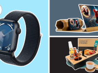 A black Apple Watch Series 9, a screen magnifier, and a couch caddy with food and drinks.