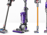 An image of several Dyson vacuums lined up next to one another.