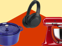 Cobalt Dutch oven, black headphones, red mixer on yellow/orange background