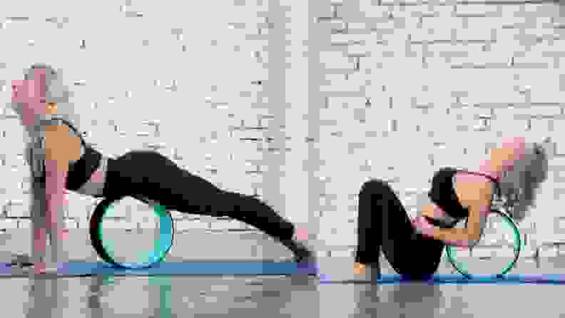 Pete's Choice yoga wheel being used by a woman in two different yoga poses