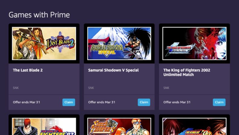An example of the games on Prime Gaming's list, including The Last Blade 2, Samurai Shodown V Special, and King of Fighters 2002 Unlimited Match, all with offers ending Mar 31