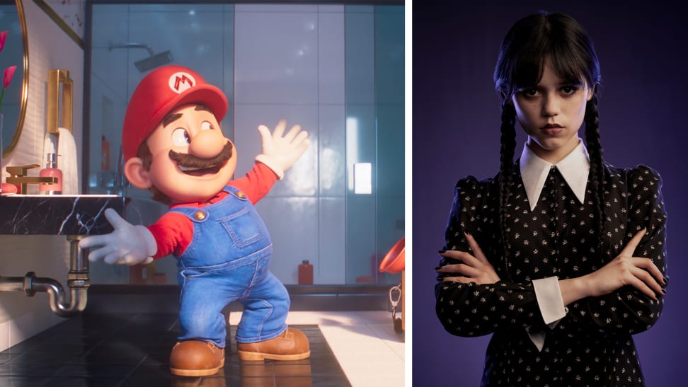 Stills from the Mario movie and Netflix’s ‘Wednesday.’