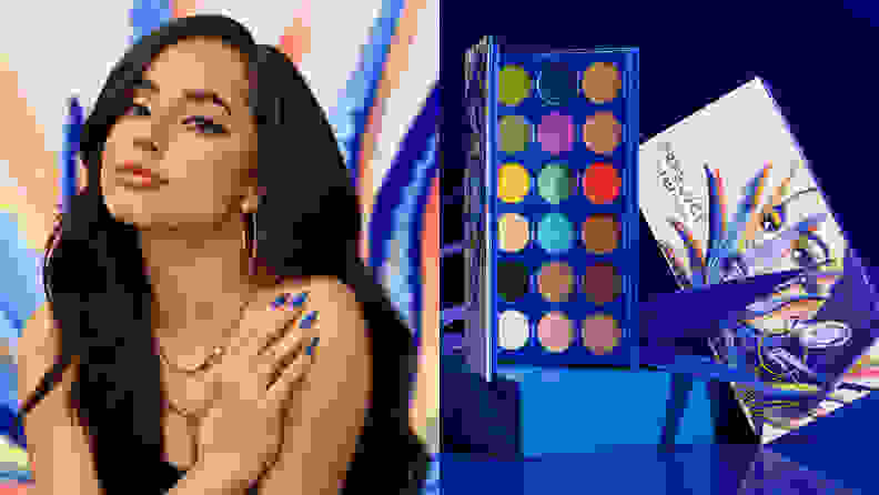 On the left: The founder of Treslúce. On the right: A colorful eyeshadow palette from Treslúce on display.