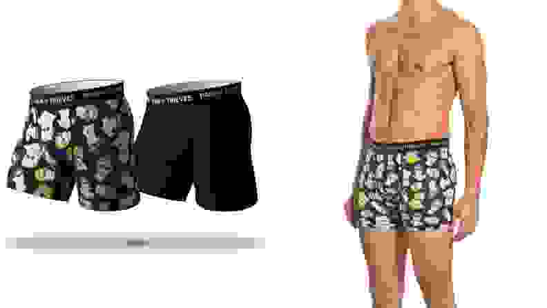 Pair of Thieves boxer briefs, man standing in boxer briefs.