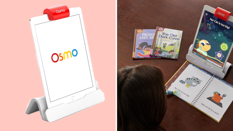 On left, tablet computer inside of base stand. On right, child sitting at table while reading book in front of tablet computer.