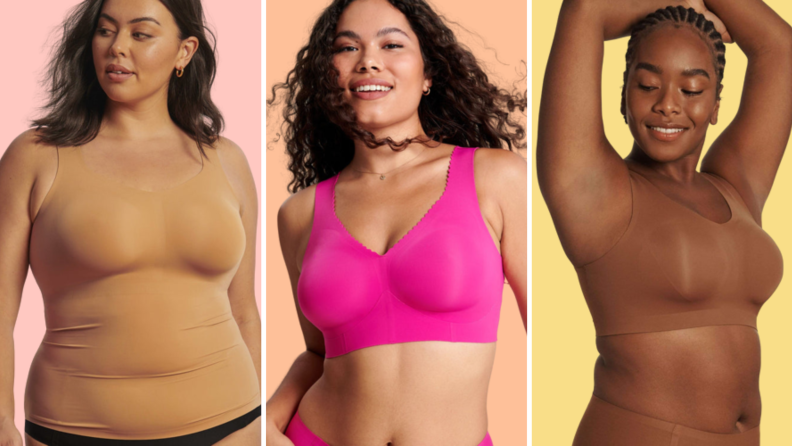 Three bras collaged against a colorful background, all worn by models: The first is a cami with built-in support, the second is a hot pink bra, and the third is a nude bra.
